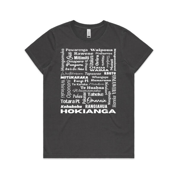 Hokianga Place names T-shirt White Text Back Thumbnail